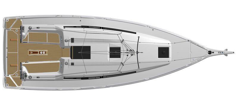 Sun Odyssey 350:n moderni runko ja walkaround-kansi tyylikkäässä satamamaisemassa.