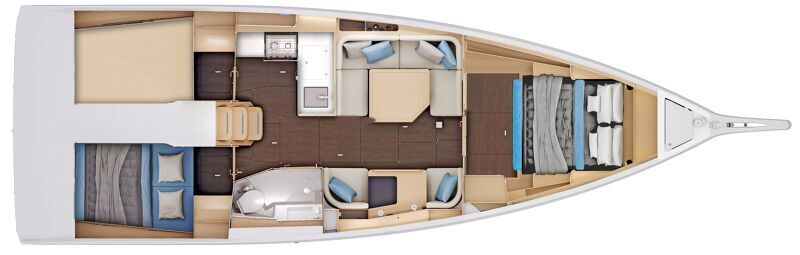 Jeanneau Sun Odyssey 415 kahdella hytillä ja yhdellä wc/suihkulla
