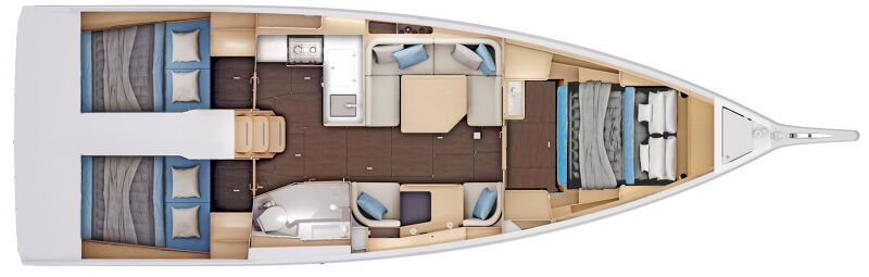 Jeanneau Sun Odyssey 415 kolmella hytillä ja yhdellä wc/suihkulla
