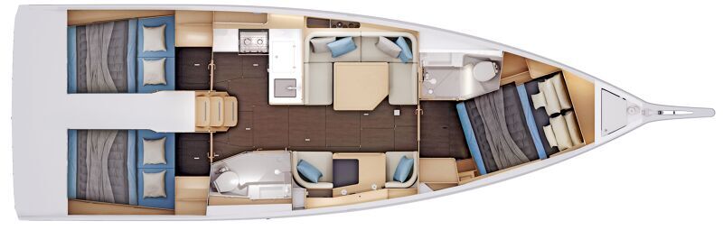 Jeanneau Sun Odyssey 415 kolmella hytillä ja kahdella wc/suihkulla