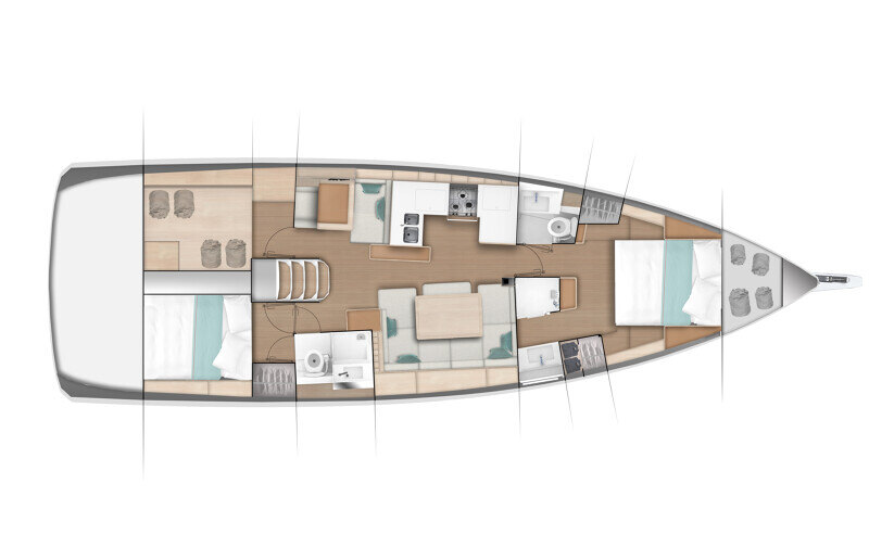 Sun Odyssey 490 - kahden hytin ja kahden WC-tilan layout-konsepti, suunniteltu mukavuutta ja säilytystilaa silmällä pitäen.
