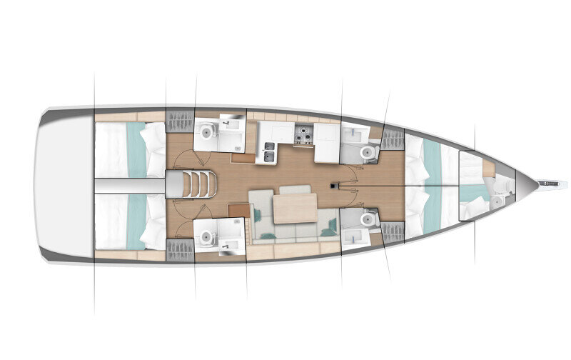 Sun Odyssey 490 - veneen layout-vaihtoehdot vierekkäin, esittäen erilaisia sisustusratkaisuja eri käyttötarkoituksiin.